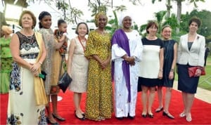 Wife of the President, Mrs Aisha Buhari (middle), wife of the Vice President, Mrs Dolapo Osinbajo (4th –left)  With Some of the wives of the heads of mission in Nigeria at the cocktail organized in their honour by Mrs Buhari at the Presidential Villa, Abuja, last Sunday