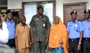 Deputy Inspector General of Police, S.L Wakama (3rd left), National Commissioner, Independent National Electoral Commission (INEC),Amina Zakari (3rd right) and other security and INEC officers, during a press briefing in Port Harcourt on the preparedness of the commission for the Rivers Rerun election on Saturday