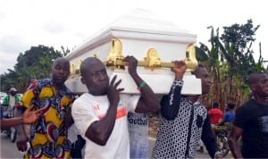 The remains of The Tide staff, Innocent Ohanuna leaving for the eternal journey, last Saturday at his home town Afara, Etche Local Government Area, Rivers State.