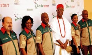 L-R: Members of Board of Trustees, Sabmiller Hero's Foundation (shf), Mr Lukas Van-Deventer, Prof Chinyere Okunna, Otunba Michael Daramola, Obi of Onitsha, Obi Alfred Achebe, Ms Yolande Chirwa and Mr Chike Onyejekwe during the launch of shf business community development in Onitsha, Anambra State on Tuesday.