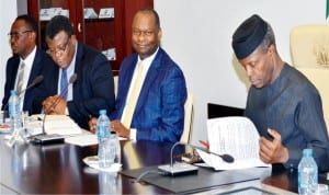 L-R: Chief Executive, Bannergas, Mr Nuhu Yakubu, Chief Executive, Nigeria Economic Group (nesg), Mr Laoye Jaiyeola,  Chairman, Nigeria  economic summit group,  Kyari Abba Bukar and Vice President Yemi Osinbajo during  meeting with the nesg at the Presidential Villa in Abuja on Wednesday.