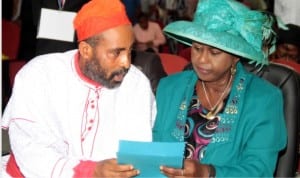 Chairman, Christian Association of Nigeria (CAN), Most Rev. (Dr) Isaac Ayanasikike presenting a copy of his speech to the Rivers State Deputy Governor, Dr. (Mrs) Ipalibo Harry Banigo, during a Prayer Summit organized by CAN at Dr. Obi Wali Conference Centre, Port Harcourt.