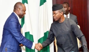 Vice President Yemi Osinbajo (right), in a handshake with Chairman , Nigeria  Economic Summit Group,(NESG), Kyari Abba Bukar,  during a meeting  with members of NESG at the Presidential Villa in Abuja on Wednesday 