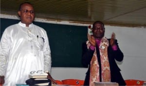 Bishop Godwill Jumbo (right) flanked by Rev Peter W. Georgewill, at a one night of spiritual prayer warefare confernece for peace of National/State Assembly re-run elections organised by Rivers State Grassroots Intercessors and prayer warriors conference held on Wednesday in Port Harcourt. Photo: Ibioye Diama