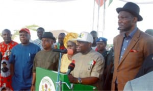 From Right: PDP Chairman South-South,  Cairo Ojuigo, Rivers State Governor, Nyesom Ezenwo Wike, Deputy Governor Ipalibo Harry Banigo, Deputy National Chairman  of  PDP,  Prince Uche Secondus and Former Deputy Speaker of the House of Representatives, Rt Hon Austin Opara  during the Rivers West Senatorial District Campaign rally at Ahoada last Saturday. 