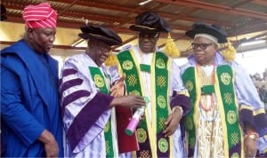 L-R: Governor Akinwunmi Ambode of Lagos State,  former governor of Lagos, Asiwaju Bola Tinubu;  Oba of Lagos State, Oba Rilwan Akiolu and Vice Chancellor Usman Danfodiyo University (UDU)  Sokoto, Prof Abdullahi Zuru at the Convocation of the University in Sokoto, recently.