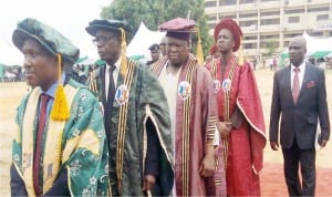 L-R: Vice Chancellor UNIZIK, Prof  Joseph Ahaneku, P ro-Chancellor and Chairman Governing Council, Retired AVM Larry Koinyan, Gwom Gwom of Jos, HRH Da Jacob Buba and Chancellor of the Institution who is the representative of the President, Muhammadu Buhari, Prof Anthony Anwuka, during the procession at the UNIZIK in Awka, recently.