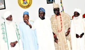 L-R: Emir of Yauri, Dr Muhammed Zaiyanu, Governor  Atiku Bagudu of Kebbi State, Governor Akinwumi Ambode of Lagos, Oba Rilwan Akiolu and Emir of Gwandu, Alhaji Muhammad Bashar, at the signing of Memorandum of Understanding on Food Production between Lagos and Kebbi States in Lagos, recently.