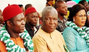 L-R: Speaker, Ebonyi State House of Assembly, Chief Ogbonna Nwifuru, President, Enugu Chamber of Commerce, Industries, Mines and Agriculture (ECCIMA), Rev. Ugochukwu Chime and Ebonyi State Commissioner for Commerce, Mrs Elizabeth Ogbaga, during Ebonyi State Day at the on-going 27th Enugu International Trade Fair in Enugu on Monday.