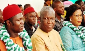 L-R: Speaker, Ebonyi State House of Assembly, Chief Ogbonna Nwifuru, President,  Enugu Chamber of Commerce, Industries, Mines and Agriculture (ECCIMA), Rev. Ugochukwu Chime and  Ebonyi State Commissioner for Commerce, Mrs Elizabeth Ogbaga, during Ebonyi State Day at the  on-going 27th Enugu International Trade Fair in Enugu on Monday.