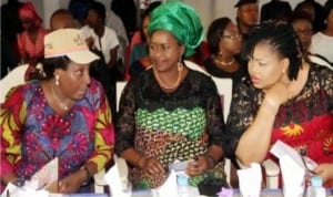 L-R. Wife of the Deputy National Chairman, PDP, Pastor (Mrs) Ene Secondus, Rivers State Deputy Governor, Dr. (Mrs) Ipalibo Harry-Banigo and Wife of the  Commissioner for Finance, Mrs. Anthonia Kpakol representing the wife of the state Governor, Justice Suzette Wike, chatting during the Special Annual Easter Programme for Children in Port Harcourt, recently.