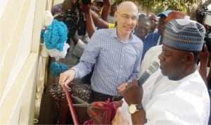 Deputy Governor Martins Babale of Adamawa State (right) inaugurating the UNHCR Relief  Office in Yola recently. with him is the Assistant High Commissioner on  Refugees of UNHCR,Mr Volker Turk. 