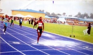 Athletes competing for honours in a sprints 100 metres women race, at a past national competition.