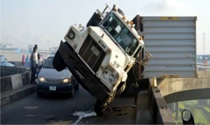 Scene of an accident at Igumu-Apapa bridge in Lagos, recently.