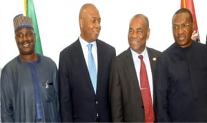 L-R: Chairman, Senate Committee on Media and Publicity, Senator Aliyu Abdullahi, Senate President Bukola Saraki, Leader of Colombia Parliamentarian delegation, Senator Edinson  Delgado  and Chairman, Senate Committee on Public Accounts, Senator Andy Uba, during the  visit of Colombia Parliamentarians  to Senate President at the National Assembly  in Abuja on Tuesday