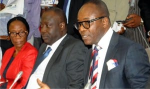 L-R:  Acting Executive Secretary,  Petroleum Products Pricing Regulatory Agency, Mrs Sotonye Iyoyo, Group Executive Director, NNPC Ventures, Dr Babatunde Adeniran and Minister of State for Petroleum Resources, Dr Emmanuel Ibe Kachikwu, during the minister's appearance before the Senate Committee on Petroleum Upstream , at the National Assembly  in Abuja on Tuesday 