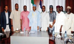 President Muhammadu Buhari (4th left) Chief of Staff, Alhaji Abba Kyari (2nd right) Minister of State for Petroleum, Mr Ibe Kachikwu (4th right) President, Nigeria Union of Petroleum and Natural Gas Workers (NUPENG)  Mr Igwe Achese (3rd left), President, Petroleum and Natural Gas Senior Staff Association of Nigeria (PENGASSAN),  Mr Francis Johnson (2nd left) Director General, Department of State Service (DSS) Mr Lawal Daura (right) National Industrial Relations Officer, PENGASSAN, Mr Nduka Ohaeri (left) and Chairman, Petroleum Tankers Driver, Solomon Oladiti (3rd right) after a meeting with President Buhari at the Presidential Villa, Abuja, recently.