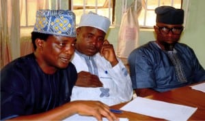 L-R: Deputy Speaker, Ekiti State House of Assembly, Mr Segun Adewunmi; Chairman, House Committee on Information, Youth and Sports, Mr Gboyega Aribisogun and Mr Samuel Omotosho at the news conference in Ibadan on the Political crisis in Ekiti State, recently