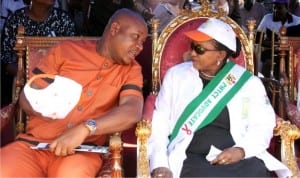 Deputy Governor, Rivers State, Dr. (Mrs) Ipalibo Harry-Banigo (right), chatting with Chairman, Caretaker Committee, Ikwerre Local Government Area, Hon. Samuel Wanosike, during the World AIDS Day celebration in Isiokpo on Tuesday