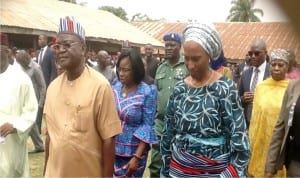 Governor Samuel Ortom of Benue (left), and  wife  of the  Vice President, Mrs Dolapo Osinbajo, during the Vice President's wife visit to Idps camp in Makurdi recently.