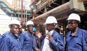 L-R: Group Executive Director and Chief Operating Officer Upstream (Nnpc), Alhaji Bello Rabiu Babura, Acting Executive Director Operation, Kaduna Refining and Petrochemical Company (Krpc), Alhaji Shehu Malami: The Krpc Managing Director, Alhaji Idi Mukhtar, and the Krpc Manager Public Affair Department, Abdullahi Idris, during the Group Executive Director, and Chief Operating Officer Upstream,(Nnpc) visit to Krpc plants, in Kaduna recently