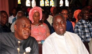 Former Deputy Speaker, House of Representatives Hon. Austin Opara, Senator, George Sekibo during the victory thanksgiving service of Hon. Mrs Blessing Charles Nsiegbe, in the rerun election 2016, at St. Thomas Anglican Church Port Harcourt yesterday.   	       Photo: Prince Obinna Dele