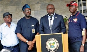 L-R: Lagos Commissioner for Works, Mr Ganiyu Solomon, Commissioner for Information and Strategy, Mr Steve Ayorinde, Governor Akinwumi Ambode of Lagos and  Commissioner for Physical Planning, Wasiu Anifowose at a briefing by Ambode on major issues on Lagos Government Policy on building in Lagos, recently. 