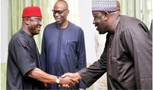 L-R: Senator representing Benue South, Sen David Mark, Governor Olusegun Mimiko of Ondo State and Sen Saidu Kumo, during their meeting at the Akure Airport, recently.