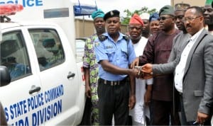 L-R: ASP Peter Udom,  Aguda Police Station, Community Leader, Aguda, Prince Demola Dadanla,  Lagos Commissioner for Housing, Mr Gbolahan Lawal,  Executive Secretary, Lagos Security Trust Fund, Abdulrazak Balogun and DPO, Aguda Police Station, Mr Olaniyi Okunribido,  at the presentation of a patrol van to the station by Lagos Security Trust Fund in Lagos last Friday.