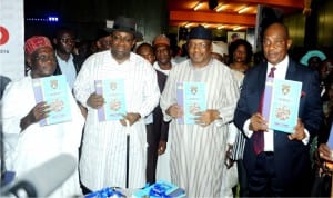 L-R: Former Inspector-General of Police, Mr Sunday Ehindero, Governor Henry Dickson of Bayelsa, representative of the President, Retired Lt.-Gen. Abdulrahman Dambazzau and I-G Solomon Arase during the launching  of a book,’International Human Rights Standards and Trends in Community and Intelligence Driven Policing in Abuja, recently.