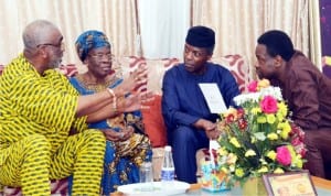 L-R: Former Special Adviser to President Jonathan on National Assembly Matters, Sen Ben Obi, wife of the Late Tunji Braithwaite, Mrs Grace Braithwaite, Vice-President Yemi Osinbajo and Mr Olumide Braithwaite, during a condolence visit by the Vice-President to the Tunji Braithwaite’s family in Lagos on Saturday.