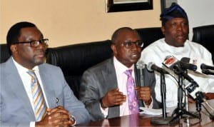 L-R: Lagos State Commissioner for Information and Strategy, Mr Steve Ayorinde; Commissioner for Transportation, Dr Dayo Mobereola and Special Adviser to Lagos State Governor on Transportation, Prince Lanre Elegushi, at a news conference on the current fuel scarcity in Lagos on Wednesday.
