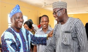 Senior Assistant Secretary-General, Nigeria Union of Teachers (Nut) Lagos Wing, Comrade Mohamadu Braimoh (left) being congratulated after his speech by the Senior Assistant Secretary-General of Nut Fct Wing, Mr Bello Argungu, during the Nut Fct Study Circle Leadership Workshop At Gwagwalada in Abuja on Thursday. With them is the Chairman, Nut Fct Wing, Abuja, Comrade Knabayi Adalooh.