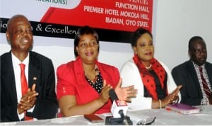 L-R: Chairman, Nigerian Institute of Public Relations (NIPR),  Oyo State, Mr Henry Adegboye; Chairman, Joint Organising Committee, Mrs Yetunde Alagbe, Managing  Director,  Premier Hotel,  Mrs Tope Ajayi and  member NIPR, Chief Soladoye Adewole, at a news conference on the forth coming National Conference of NIPR in Ibadan on Tuesday