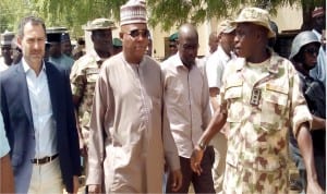 Governor Kashim Shettima of Borno State (middle), with UN Assistant Secretary General,  Mr Toby Lanzer (left),  during a visit to assess the humanitarian crisis in Bama, Borno State   on Wednesday