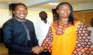  Rivers State Commissioner for Information and Communications, Dr Austin Tam-George (left) with chairperson of RATTAWU, Rivers State Council, Comrade Opi Erekosima, during a courtesy visit to the commissioner in Port Harcourt, recently.Photo: Egberi A. Sampson.