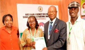 L-R: Registration Officer, National Agaency for Foods, Drugs Administration and Control (Nafdac), Mrs Edith Solaji; Nafdac Deputy Director Investment, Mrs Doris Akalusi; Vice President, Publicity, Enugu Chamber of Commerce, Industries, Mines and Agriculture (Eccima), Chief Emeka Nwankpa and Nafdac Chief Public Relations Officer South-East, Mr Celestine Nwuruku at the ongoing 27th Enugu International Trade Fair in Enugu on Sunday.