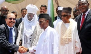 L-R: Managing Director, African and Middle East Olam International, Mr Venkataramani Strivathsan, Sir Gbagyi, Chief Danjuma Barde, Governor Nasir El-Rufai of Kaduna State, former Chairman, Scoa  Motors, Alhaji Ahmed Joda and representative of Minister of Agriculture and Rural Development, Mr Obina Okpara, at the  groundbreaking of the Animal Feed and Protein Company in Kaduna, last Friday.