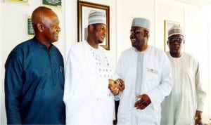 L-R: Director, Small and Medium Enterprises Development Agency of Nigeria  (Smedan), Mr Wole Fesaye; Director General, Mr Dikko Umar; Acting Managing Director, Bank  of Industry, Mr Waheed Olagunju and Divisional Head North, Mr Omar Shekarau, during the   Smedan's courtesy visit to the Ag. Md BoT in Abuja last Friday.