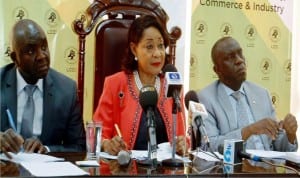 L-R: Director General, Lagos Chamber of Commerce  and Industry (lcci), Mr Musa Yusuf, President, Dr Nike Akande, Deputy  President, Mr Babatunde Ruwase, during a news conference on the state of the economy in Lagos, recently.