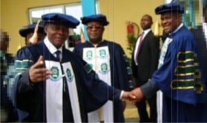 The Acting Vice Chancellor of the Rivers State University of Science and Technology, Professor Blessing C. Didia (right) welcoming the Rivers State Governor, Chief Nyesom Wike to the 28th Convocation Ceremony of the University, while chairman of the Governing Council, Justice Iche Ndu (rtd) watches.    	  Photo: Sogbeba Dokubo