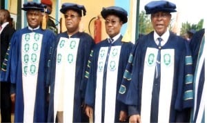 L-R: Rivers State Governor, Chief Nyesom Wike, his Ebonyi State counterpart, David  Umahi, Justice Iche Ndu (rtd), Pro Chancellor, Rivers State University of Science and Technology, Nkpolu and Prof Blessing Didia, Vice Chancellor of the institution at the convocation ceremony in Port Harcourt on Saturday