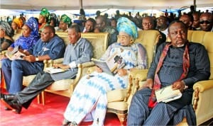 L-R: Wife of the governor of Bayelsa State, Mrs Rachael Dickson, Governor Seriake Dickson, former President Goodluck Jonathan, his wife Patience, and Governor Rochas Okorocha of Imo State, during the commendation service for late Diepreye Alamieyeseigha, at Amasoma in Bayelsa State on Saturday
