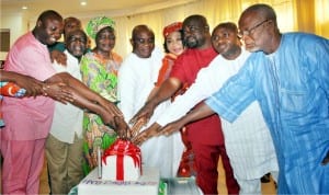 Former Senate President, Sen David Mark(4th left), his wife Helen (left) cutting cake with some National Assembly members, during the Thanksgiving Mass in honour of Sen. Mark's 68th birthday in Otukpo, Benue State last Friday.