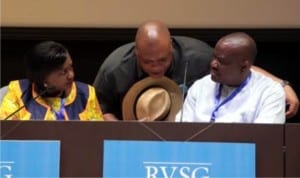 L-R. Rivers State Deputy Governor, Dr. (Mrs) Ipalibo Harry Banigo, Secretary to State Government, Sir. Kenneth Kobani and the State Governor, Barr. Nyesom Wike exchanging views during a Retreat organized by Rivers State Government in Port Harcourt.