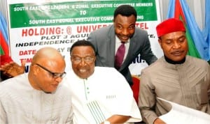 From Left:  Senator Ifeanyi Ararume:   Former Governor Old Anambra State, Senator Jim Nwobodo, Apc chairman,  Enugu State, Dr  Ben Nwoye and Apc South-East National Vice Chairman, Chief Emma Enukwu, at the  Apc South-East Zonal Executive Committee meeting in Enugu last Sunday