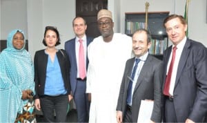 Permanent Secretary Ministry of Water Resources,  Mrs  Rabi  Jimeta (left), the Minister,  Mr  Suleiman Adamu (3rd right), French Ambassador to Nigeria, Mr  Denys Gauer (right) and officials of French Development Agency (AFD), during their visit to the minister in Abuja, recently.