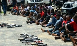 Armed robbery and kidnap suspects with different kinds of amunitions paraded at Rivers State Command Moscow Road Port Harcourt recently during a press briefing.         Photo: Nwiueh Donatus Ken