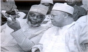 Founder of Daar Communications Plc and AIT, High Chief Raymond Dokpesi (left) and former, Deputy Senate President, Sen. Ibrahim Mantu, at the inauguration of PDP Special Committee for the coming National Convention in Abuja on Tuesday.