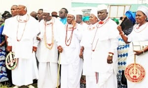 Chiefs from Uvwie Kingdom in Delta State  at the commendation service for the former Governor of Bayelsa State, late Diepreye Alamieyeseigha, at Amasoma in Bayelsa State last Saturday